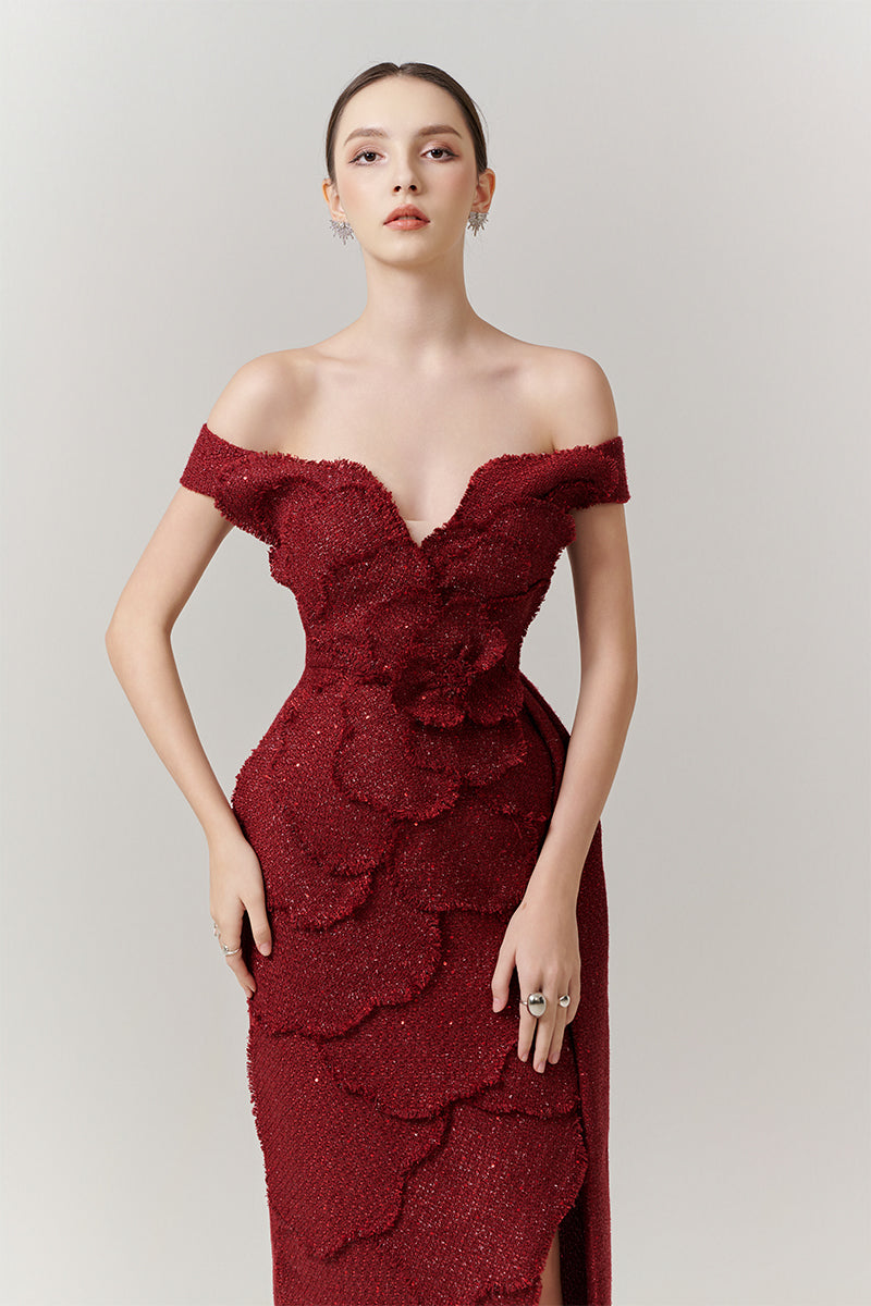 women's red off the shoulder dress for a cult wedding GATHERED OFF-SHOULDER GOWN | MIA formal events Red Satin Off The Shoulder