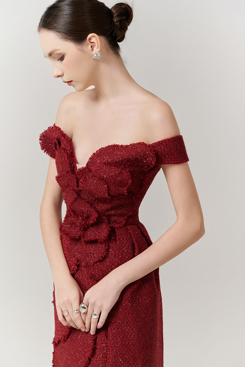 OFF- SHOUDER TWEED PETAL MAXI DRESS IN RED | CULT MIA