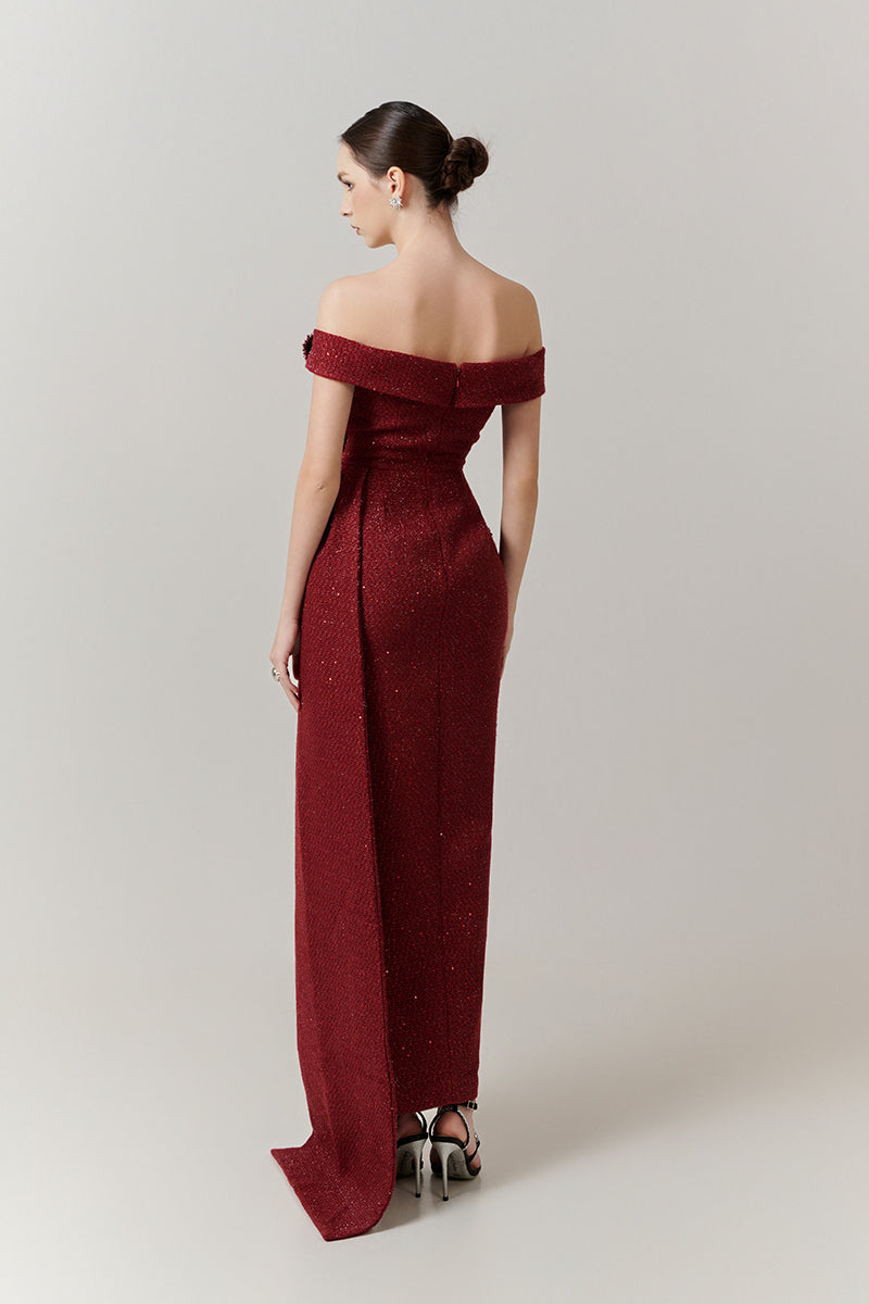 off the shoulder tweed dress OFF- SHOUDER TWEED PETAL MAXI DRESS IN RED