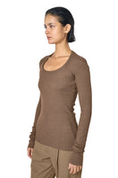 Brown ODA top by URA, featuring a stylish design with a comfortable fit, shown on a model in a fashion setting.