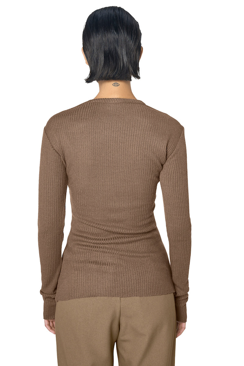 Brown ODA top by URA featuring a stylish, fitted design with long sleeves and a rounded neckline.
