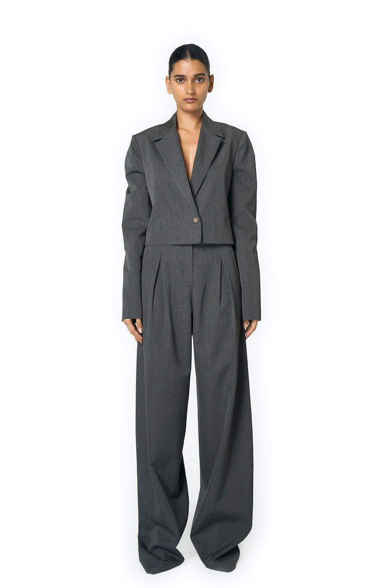 Gray Rudy jacket by URA featuring a stylish, slim-fit design with a smooth fabric finish and modern collar detail.