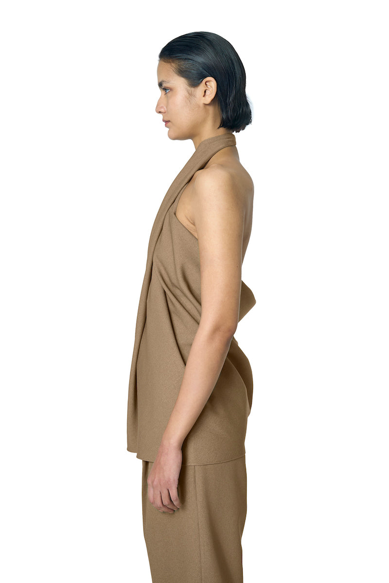 BeKY N camel-colored top by URA, stylish women's sleeveless top with a relaxed fit, shown on a model.