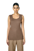 Brown ODA tank top by URA, lightweight sleeveless top with a relaxed fit, displayed on a hanger.