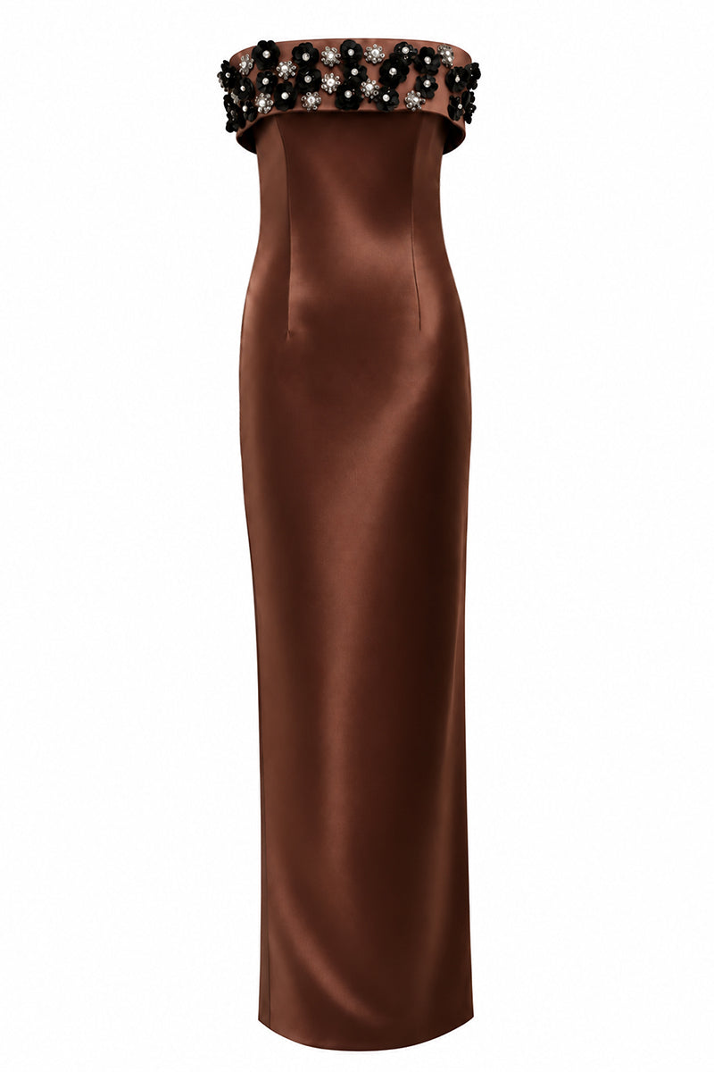Urban Muse Valen maxi dress in brown, elegant gown with flowing fabric and stylish design, perfect for formal occasions.