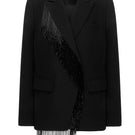 Black beaded fringe jacket by Vaska, stylish jacket with intricate beadwork and fringe details on the front and sleeves.