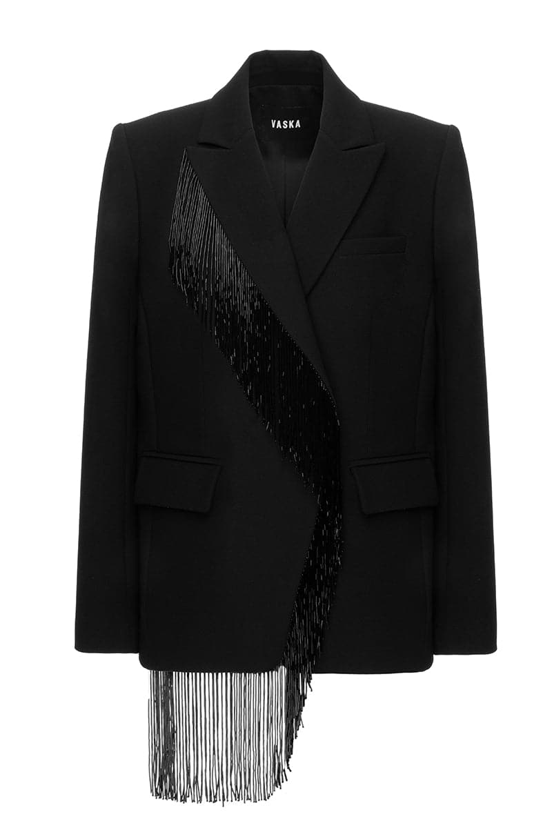 Black beaded fringe jacket by Vaska, stylish jacket with intricate beadwork and fringe details on the front and sleeves.