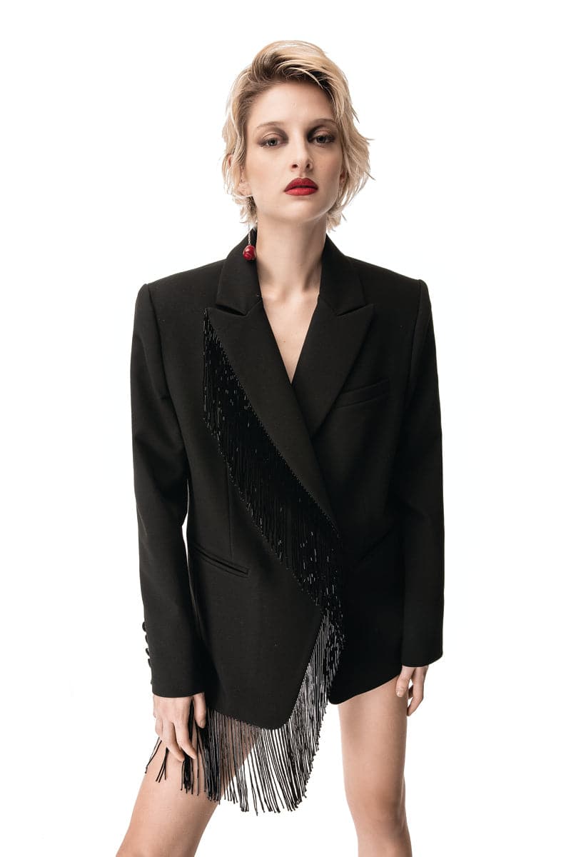 Vaska black beaded fringe jacket with intricate bead detailing and fringed hem, stylish jacket for women.
