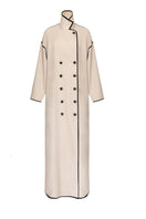 Beige ribbon coat by Vaska featuring leather buttons, stylish and warm, shown on a neutral background in size XS.