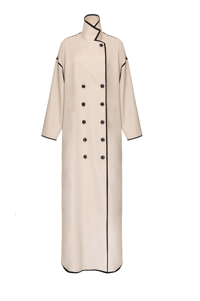 Beige ribbon coat by Vaska featuring leather buttons, stylish and warm, shown on a neutral background in size XS.