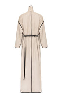 Vaska beige ribbon coat with leather buttons, stylish and warm, shown in black and neutral tones, size XS.