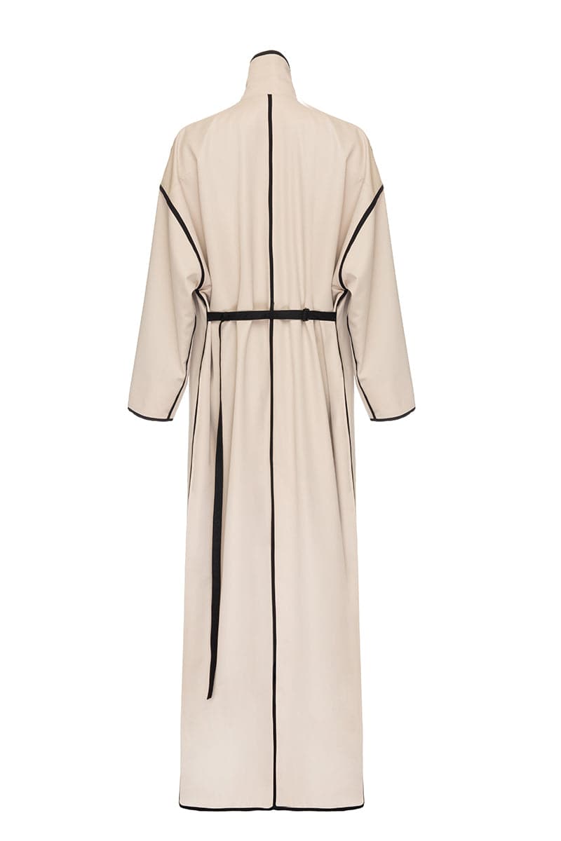 Vaska beige ribbon coat with leather buttons, stylish and warm, shown in black and neutral tones, size XS.