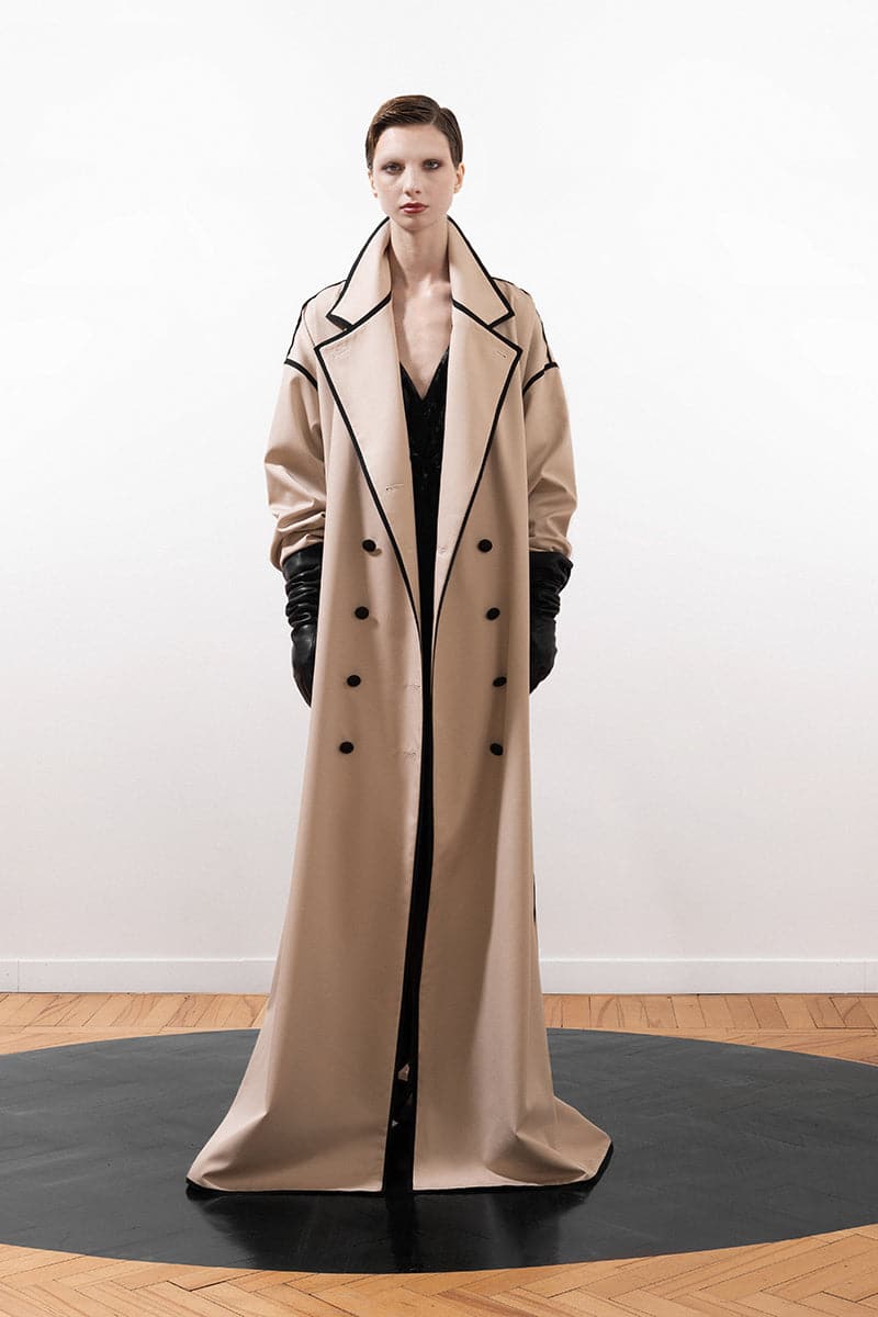 Vaska beige ribbon coat with leather buttons, stylish and warm, showing the front view with collar and button details.