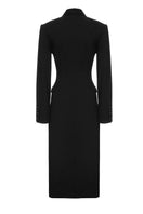 Vaska black belted vegan leather coat with a stylish belt, slim fit, and classic design, displayed on a hanger.