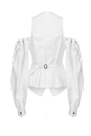 Vaska white denim cut-out jacket for women, featuring stylish design and lightweight fabric, shown on a model.