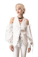 Vaska white denim cut-out jacket with stylish side openings, lightweight fabric, and classic collar, shown on a model.
