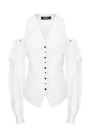 Vaska white denim cut-out jacket, lightweight casual jacket with stylish cut-outs, shown in size XS on a neutral background.