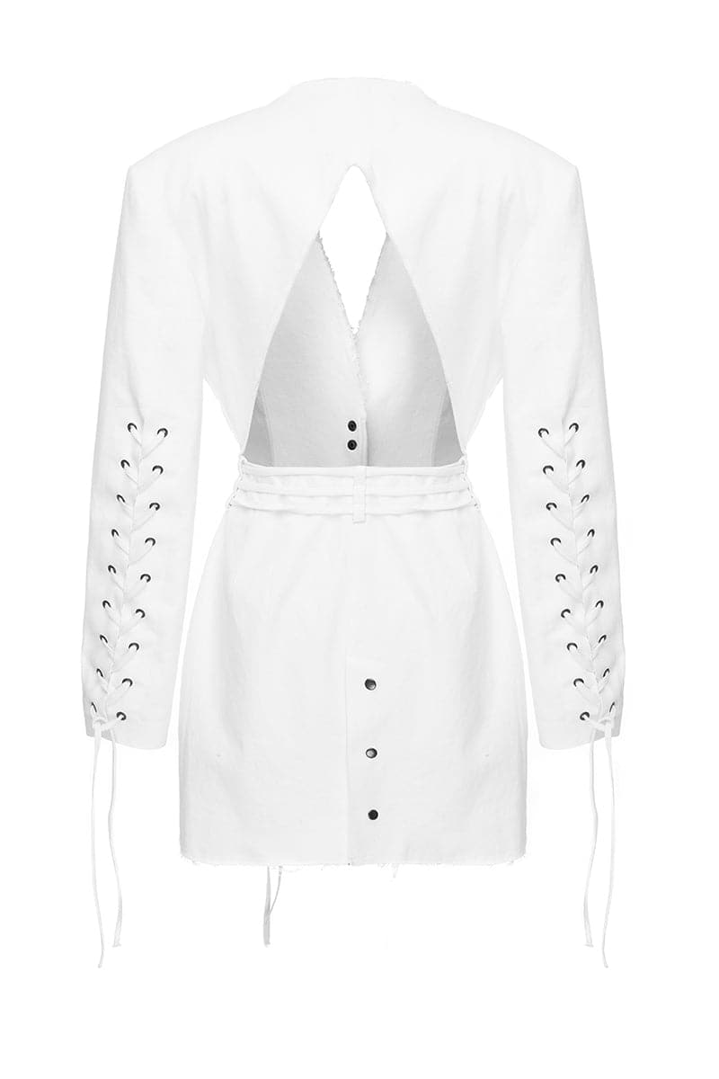 Vaska denim white jean jacket dress in XS, featuring classic collar and button-front design, styled for casual wear.