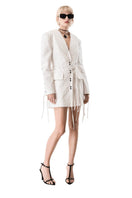 Vaska white denim jean jacket dress, lightweight casual jacket with long sleeves and classic collar, styled for modern fashion.