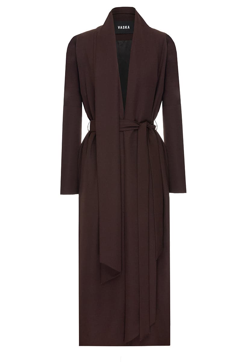 Vaska oversized brown coat with scarf collar, dark brown color, stylish and cozy for winter wear.