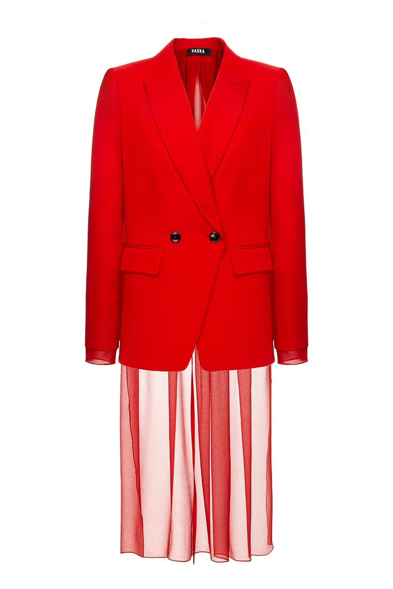 RED GABARDINE JACKET WITH CHIFFON BACK | Vaska | CULT MIA