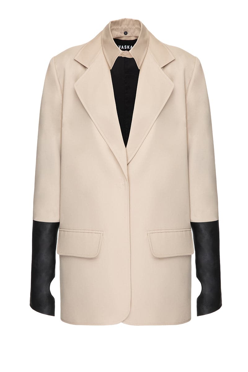 Vaska beige structured jacket with leather-gloves sleeves, stylish outerwear for a sophisticated look.