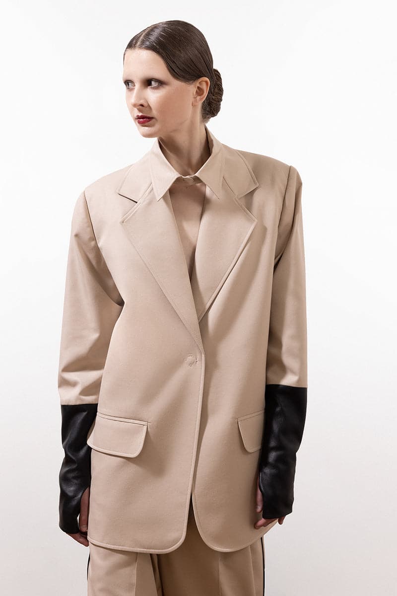 Vaska structured beige jacket with leather gloves sleeves, stylish outerwear for a sophisticated look.