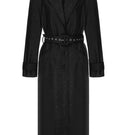 Black textured vegan leather trench coat by Vaska, stylish and lightweight, shown on a model with features visible.
