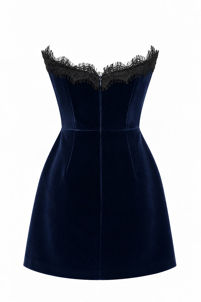 Urban Muse navy velvet mini dress, stylish and fitted, shown in a close-up image highlighting the soft fabric and elegant design.
