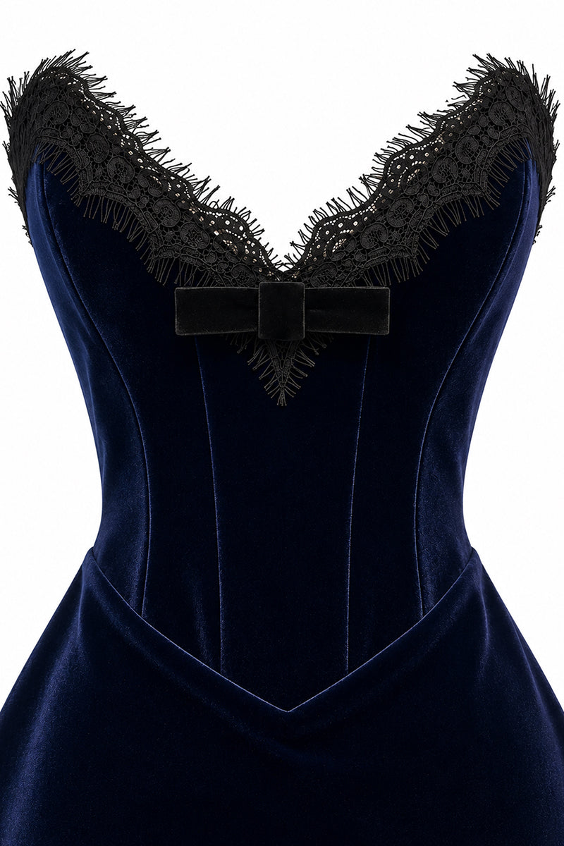 Urban Muse navy velvet mini dress, stylish and fitted, shown on a hanger with a close-up of the soft fabric texture.