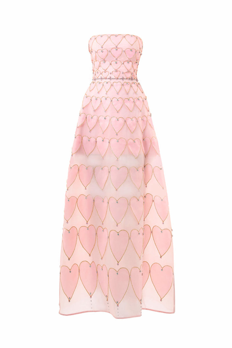 Blush pink embellished gown with heart motif from Happy Clothing, featuring intricate details and elegant flowing fabric.