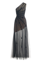 Black CULT MIA X HAPPY CLOTHING MAKENNA A-line organza gown with flowing fabric and elegant design, perfect for formal occasions.