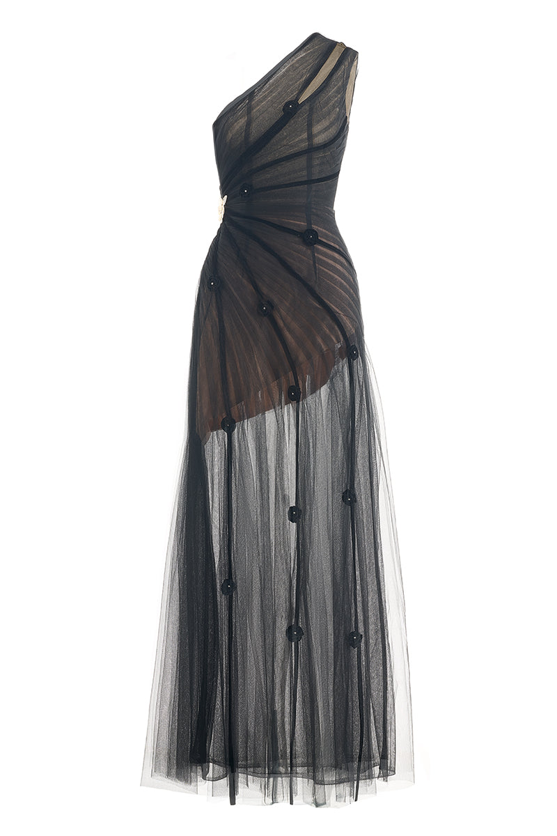 Black CULT MIA X HAPPY CLOTHING MAKENNA A-line organza gown with flowing fabric and elegant design, perfect for formal occasions.