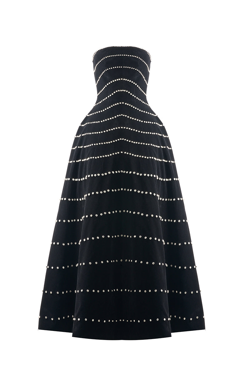 STRAPLESS STONE VELVET BLACK MAXI DRESS - CULT MIA