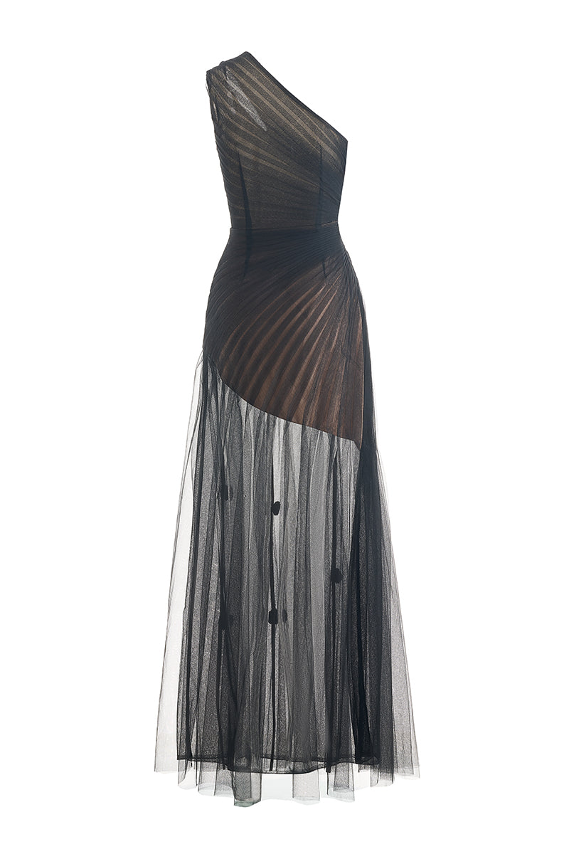 Black CULT MIA X HAPPY CLOTHING MaKenna A-line organza gown featuring elegant flowy fabric and a sophisticated silhouette.