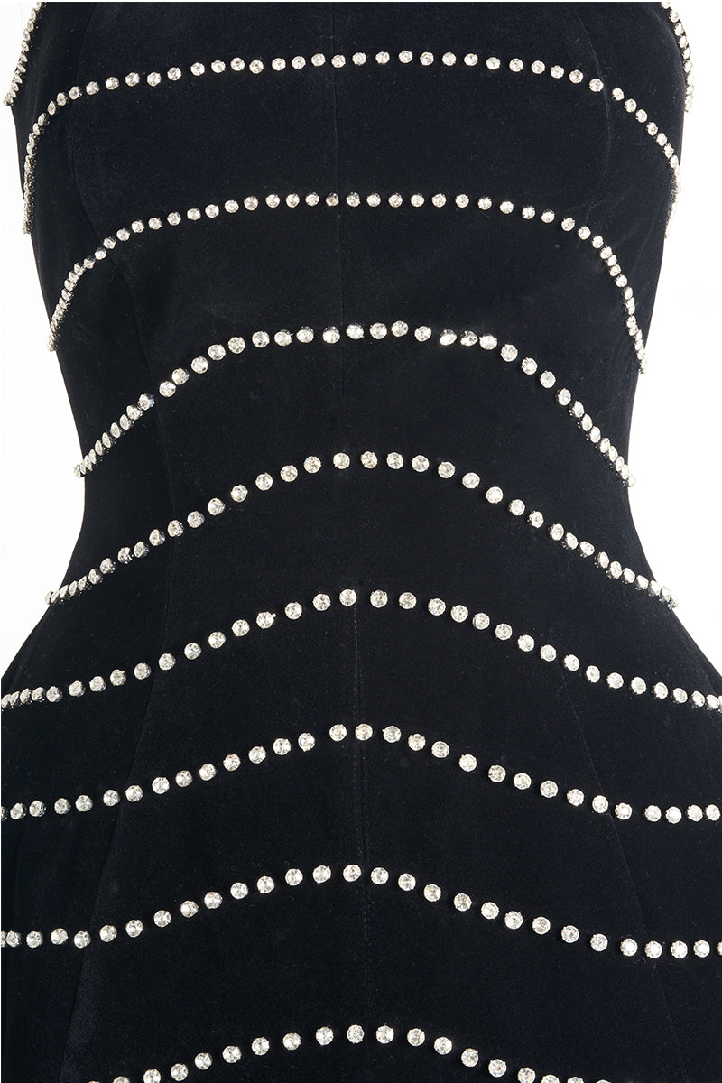 STRAPLESS STONE VELVET BLACK MAXI DRESS - CULT MIA