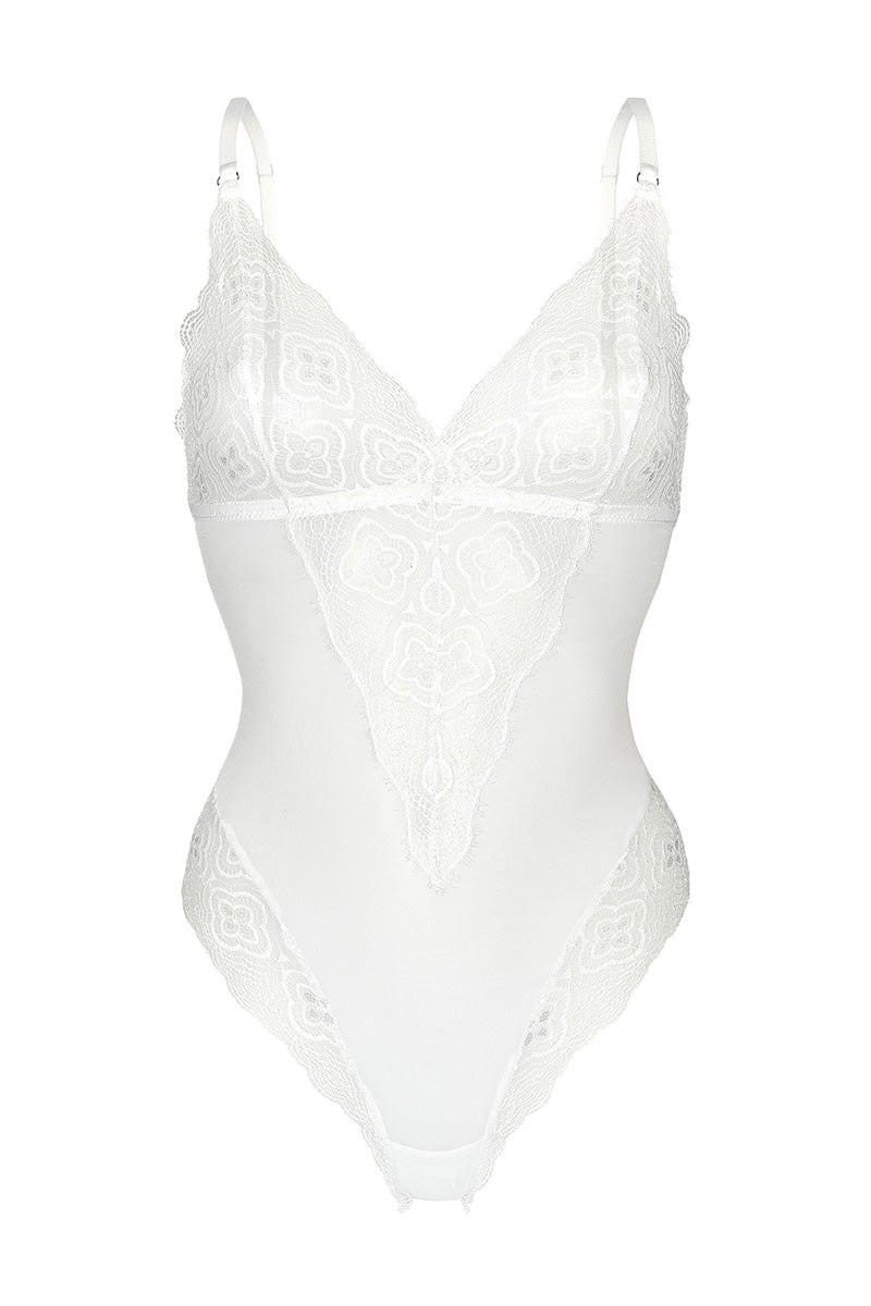 White Luciela bodysuit, bridal lingerie underwear with smooth fabric and seamless design, perfect for elegant undergarments.