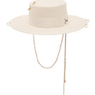 White canotier hat by LE SH KA with a wide brim, lightweight straw design, perfect for stylish summer accessories.