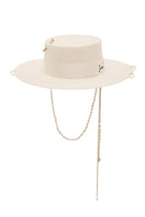 White canotier hat by LE SH KA with a wide brim, lightweight straw design, perfect for stylish summer accessories.