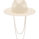 White Panama fedora hat by LE SH KA, featuring a classic woven straw design with a wide brim and stylish band.