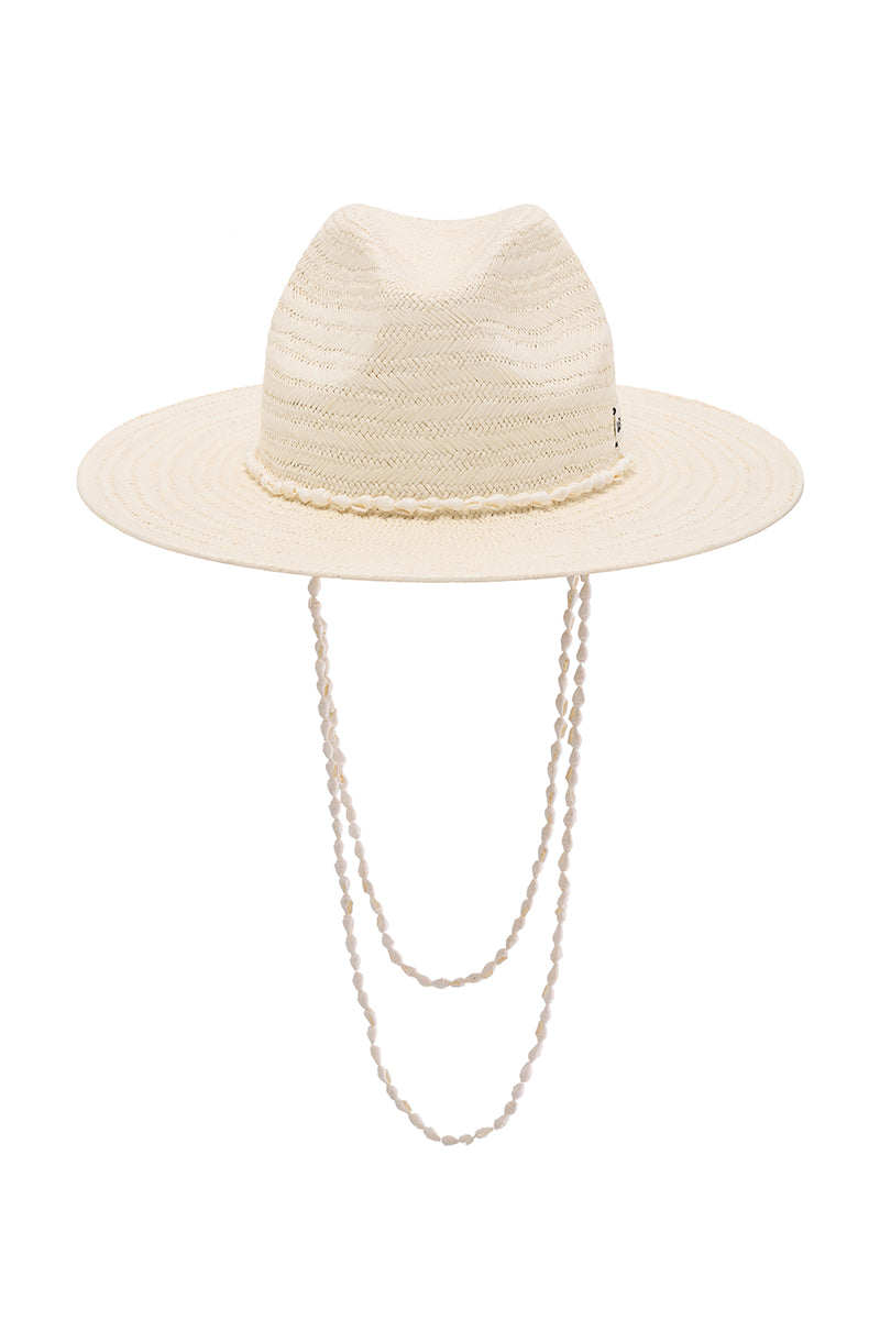 White Panama Fedora hat by LE SH KA featuring a classic woven straw design and a wide brim for stylish sun protection.
