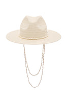 White Panama fedora hat by LE SH KA, featuring a classic woven straw design with a wide brim and stylish band.