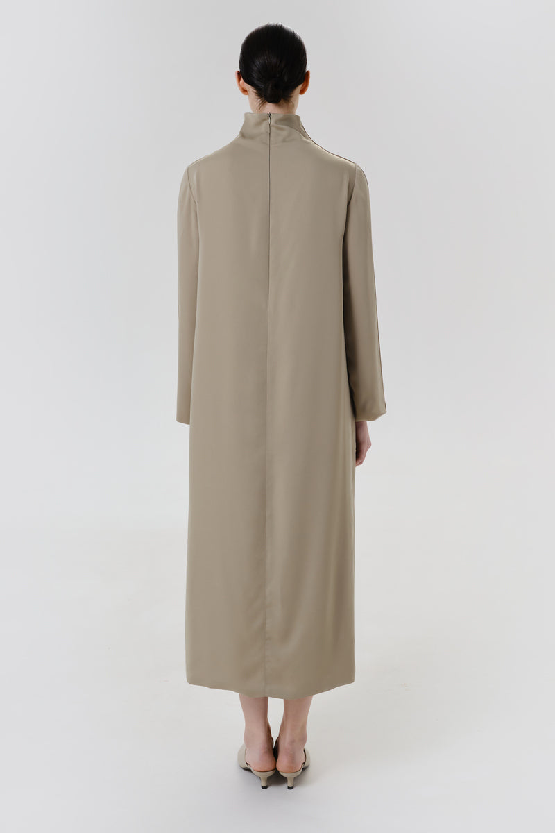 Back view of DELEGAN Olive Sheen Midi Dress, showcasing the elegant fit and shiny olive-green fabric.