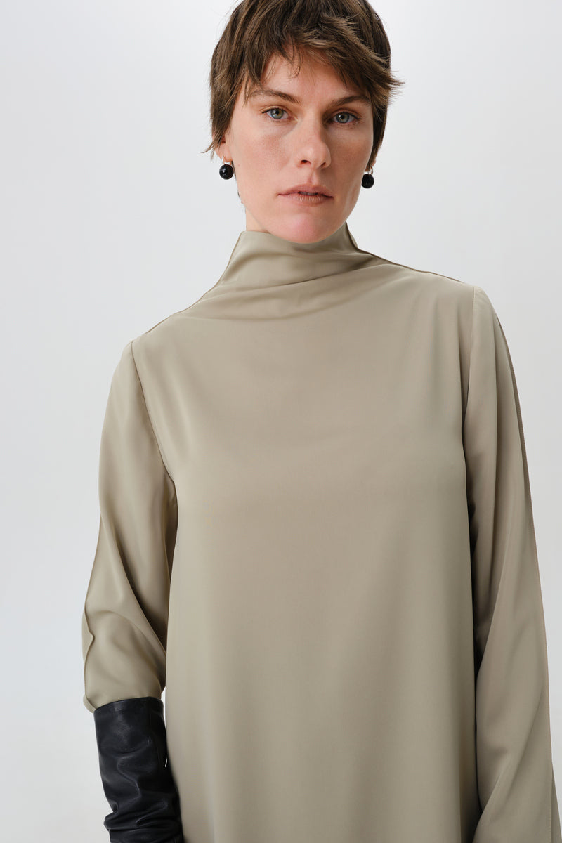 DELEGAN Olive Sheen Midi Dress, front view showcasing elegant fabric and stylish design, perfect for versatile occasions.