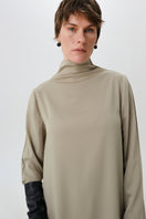 DELEGAN Olive Sheen Midi Dress, front view showcasing elegant fabric and stylish design, perfect for versatile occasions.