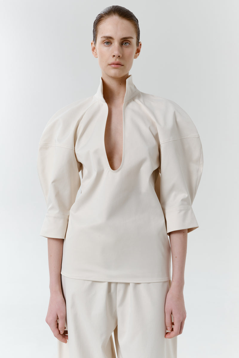Gray-beige structure shirt by DELEGAN, front view showing tailored fit and collar, made from comfortable fabric.