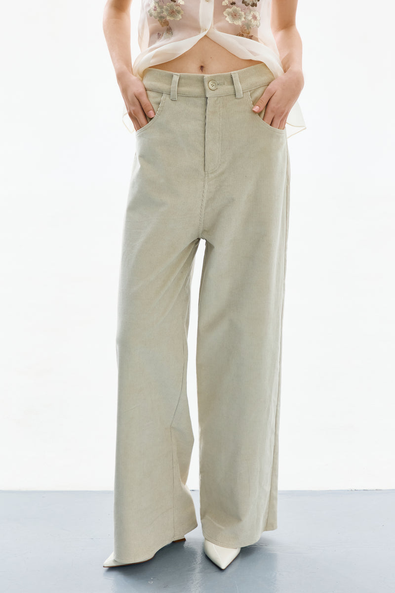 Delegen velvet green-gray pants displayed front view, showcasing the soft fabric and tailored fit for a stylish, comfortable look.