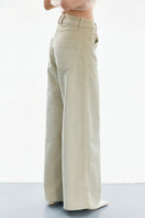 Delegen velvet green and gray pants displayed from the side, featuring a relaxed fit with soft fabric and stylish design.