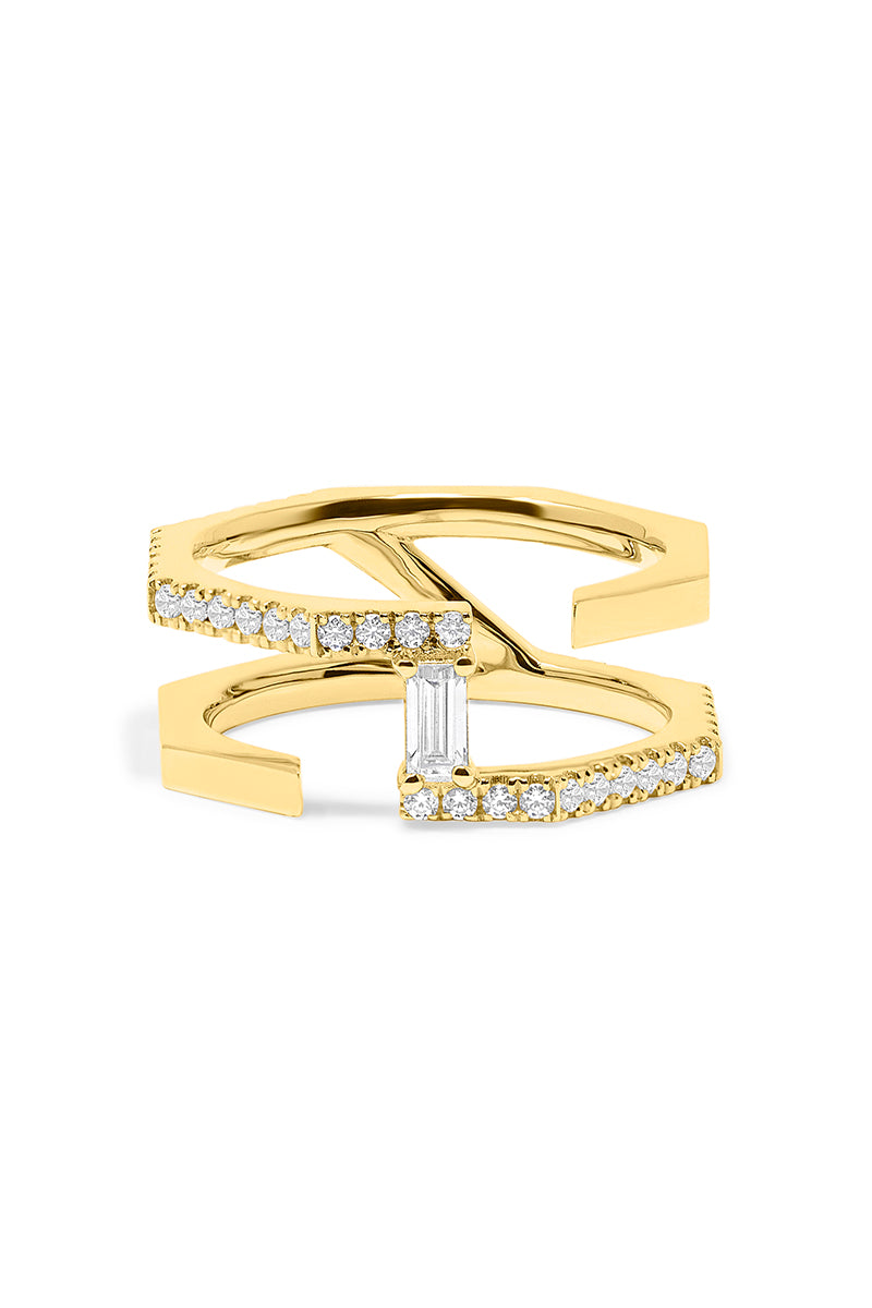 Gold-plated silver Nexus ring with sapphire and diamond accents by EDXÚ, showcasing intricate design and sparkling gemstones.