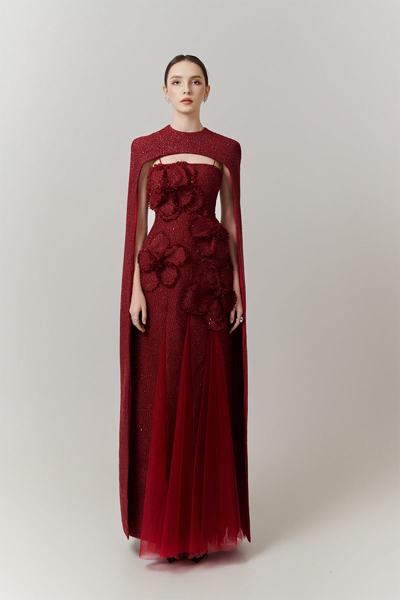 PRESTON CAPE TWEED PETAL MAXI DRESS IN RED | CULT MIA